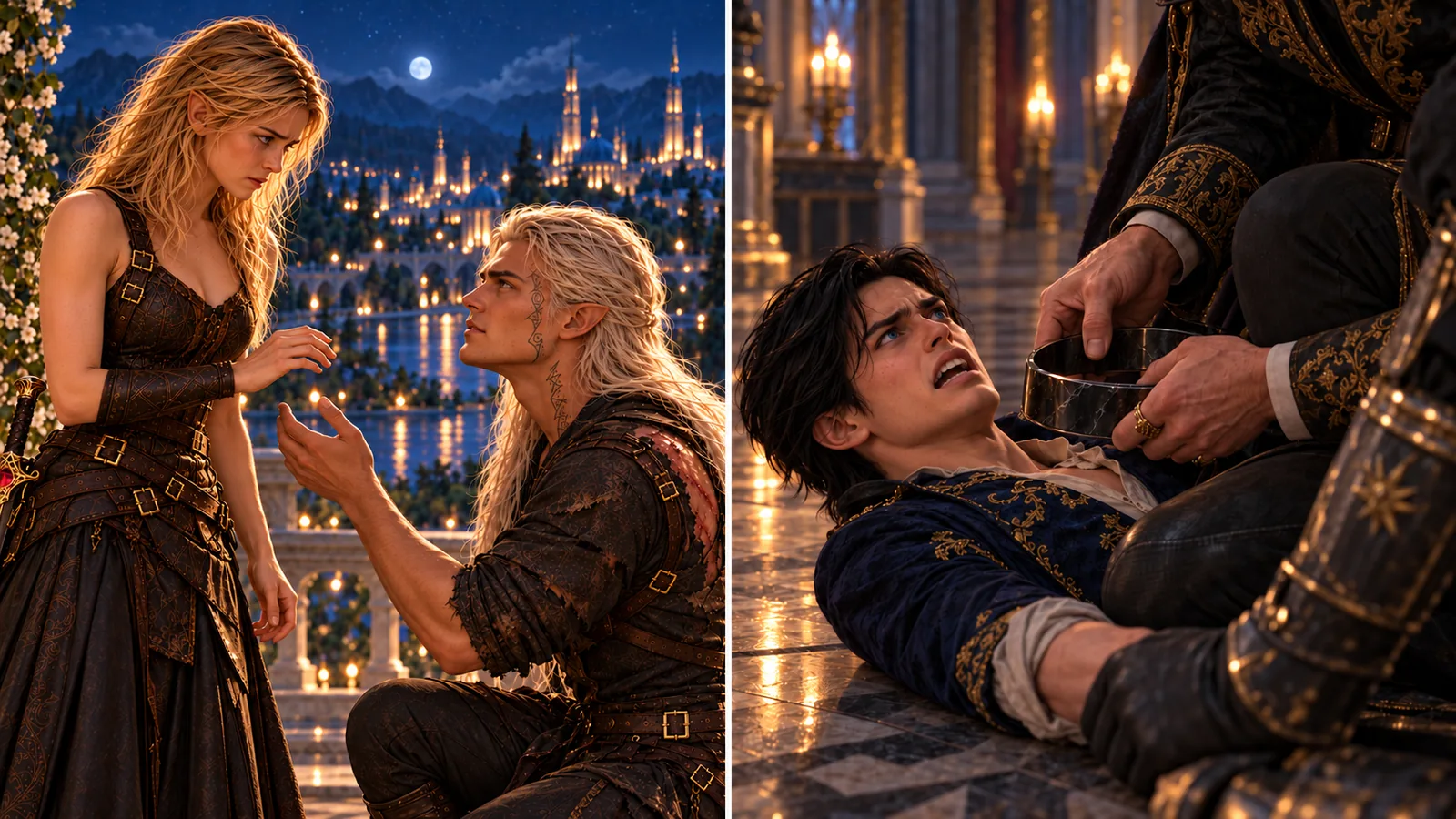 A wordless diptych: on the left, Rowan kneels before Aelin with a hand raised towards hers above an illuminated riverside city. On the right, Dorian lies restrained as hands bring a black collar towards his throat.
