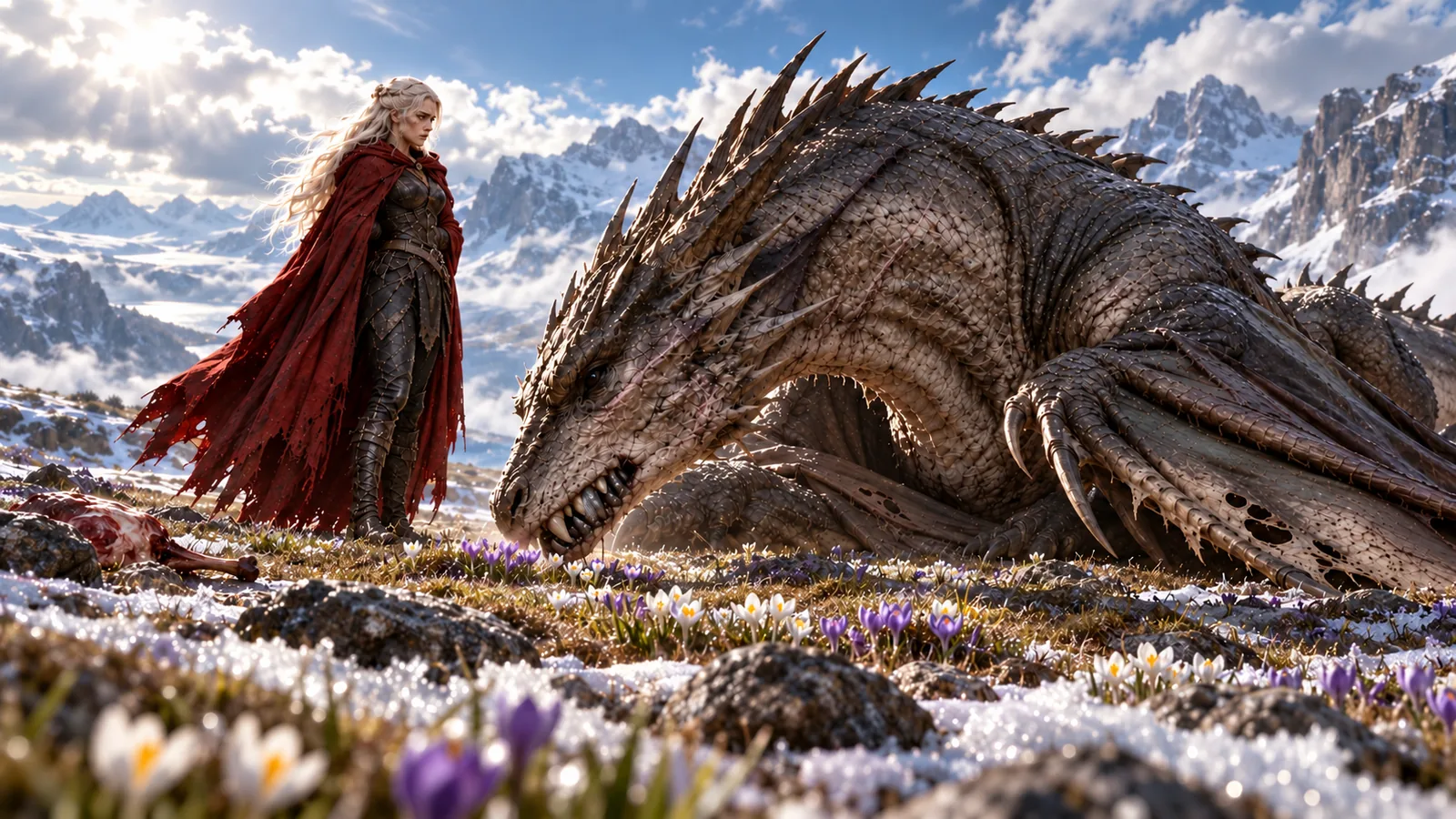 Abraxos rests his broad, scarred head among white and purple mountain wildflowers. Manon stands beside him in armour and a red cloak, with snow-covered peaks beyond.