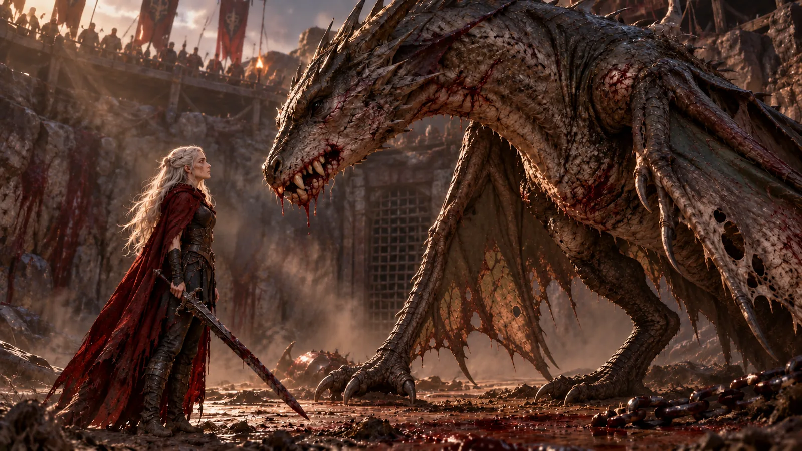 White-haired Manon stands with her sword lowered before the huge, scarred Abraxos in a rocky pit. Blood stains his broken teeth; spectators crowd the rim above them.