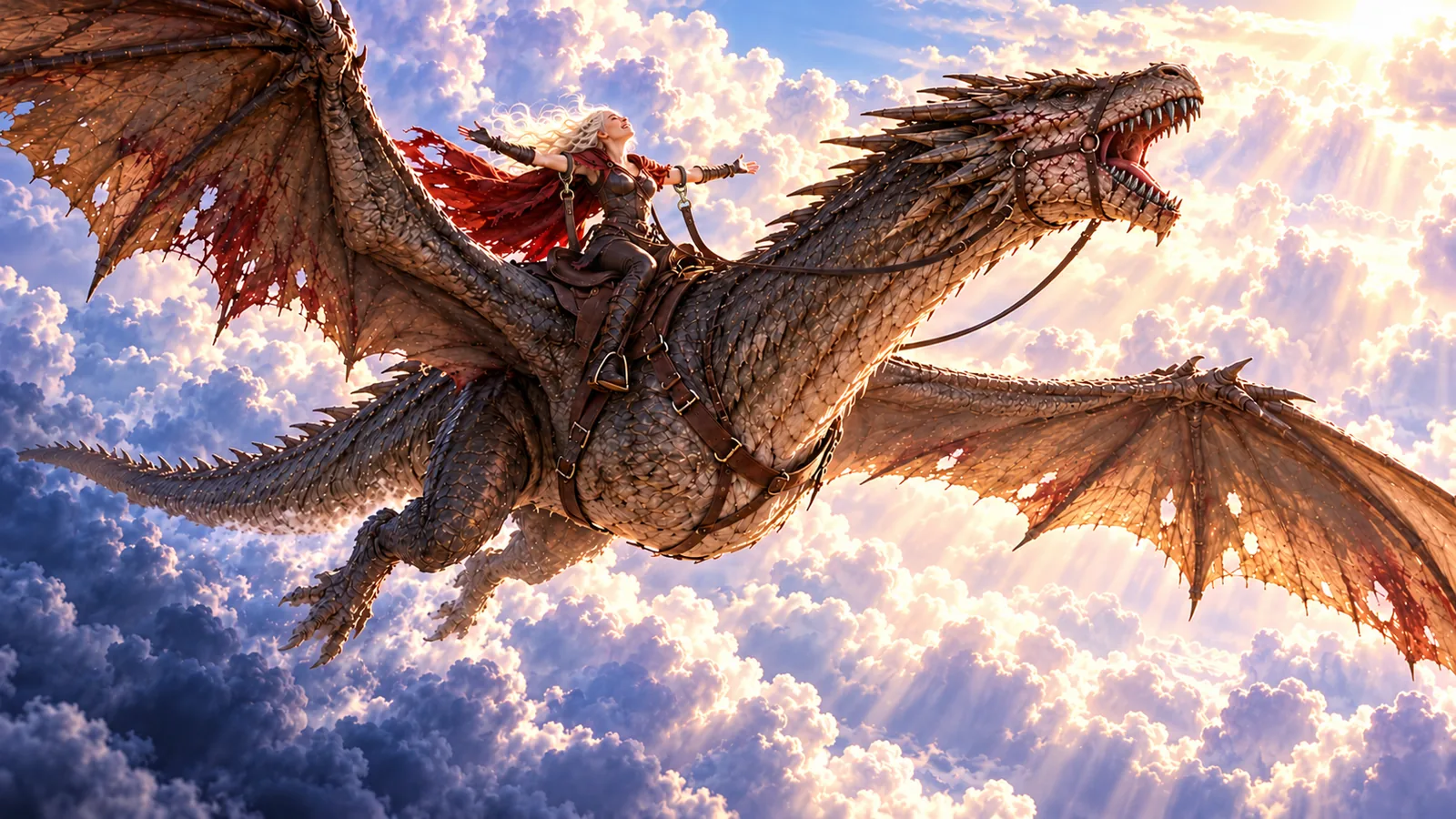 Abraxos opens his ragged wings in bright air above clouds and snowy peaks. Manon sits secured in his saddle with her arms thrown wide and her red cloak streaming behind her.