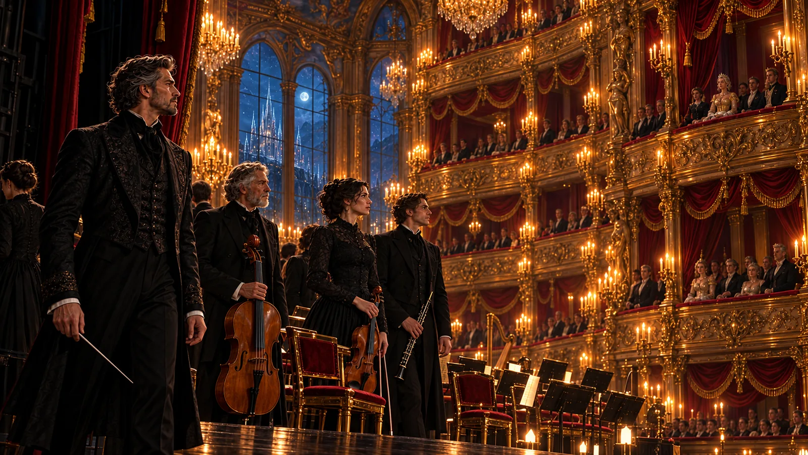 Musicians dressed in black stand silently on the Royal Theatre’s stage with their instruments lowered. Candlelit boxes crowded with richly dressed spectators rise opposite them; the glass castle is visible through tall windows.