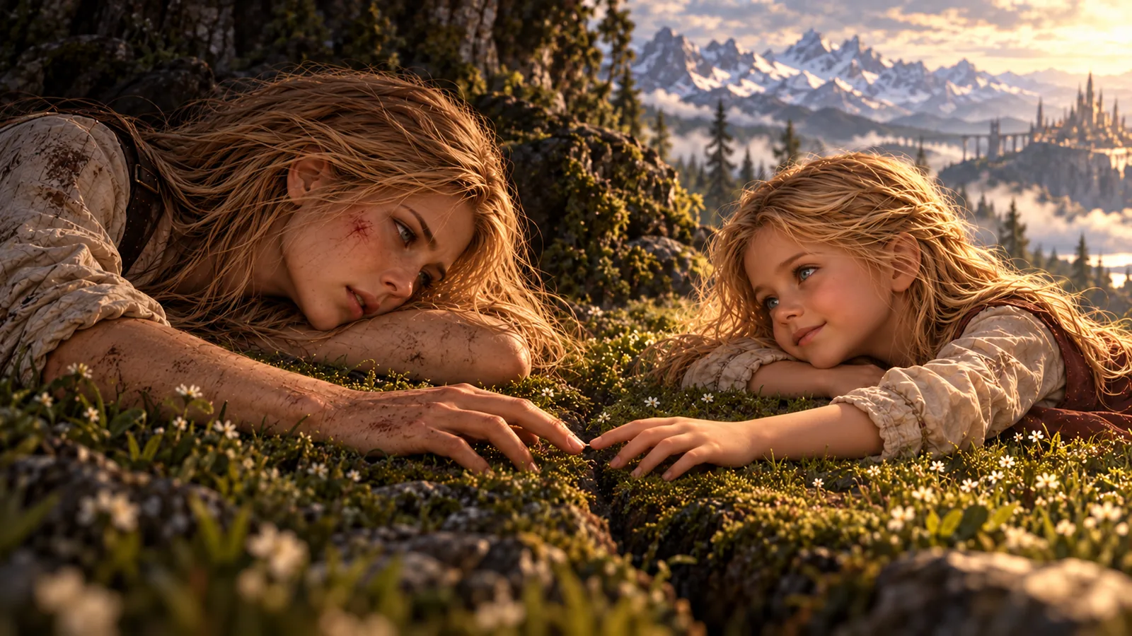 Adult Celaena lies low on moss opposite a smiling child Aelin. Their outstretched fingers nearly meet across a narrow dark break in the ground; mountains and a distant city emerge behind the child.