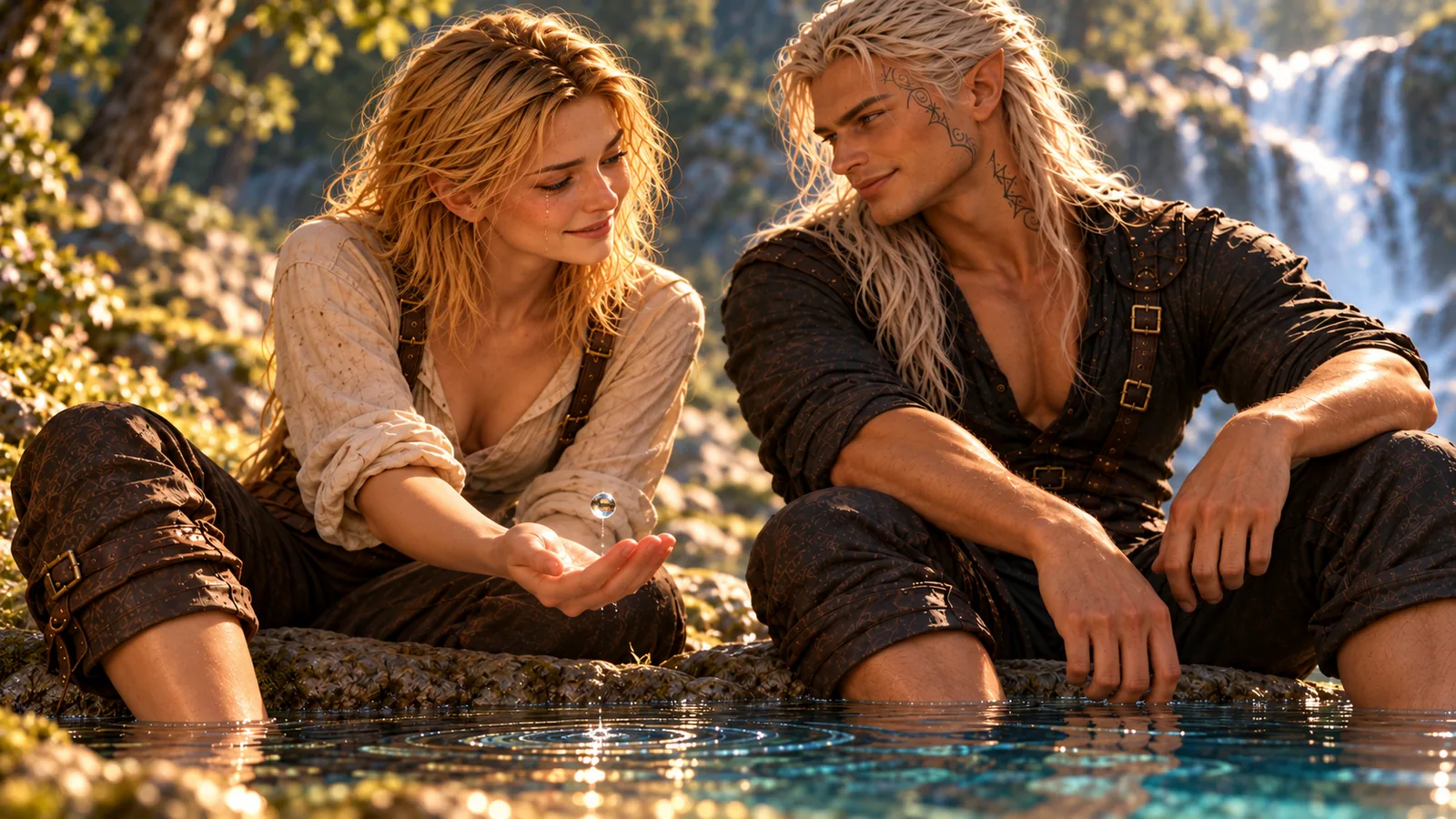 Aelin and Rowan sit close together at the edge of a forest pool. Aelin smiles down at a tiny drop of water above her cupped palm while Rowan watches her.
