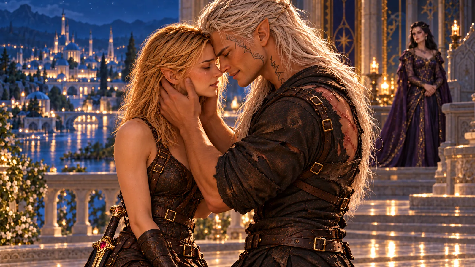 On a palace veranda at night, Rowan cups Aelin’s cheeks and rests his brow against hers. Maeve watches from behind them; the illuminated city across the river is intact.