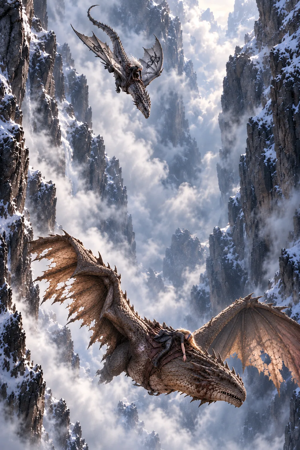 In a tall, mist-filled canyon, a smaller wyvern with a red-cloaked rider dives after a larger falling wyvern and its rider far below. Steep rock walls frame the distance between them.