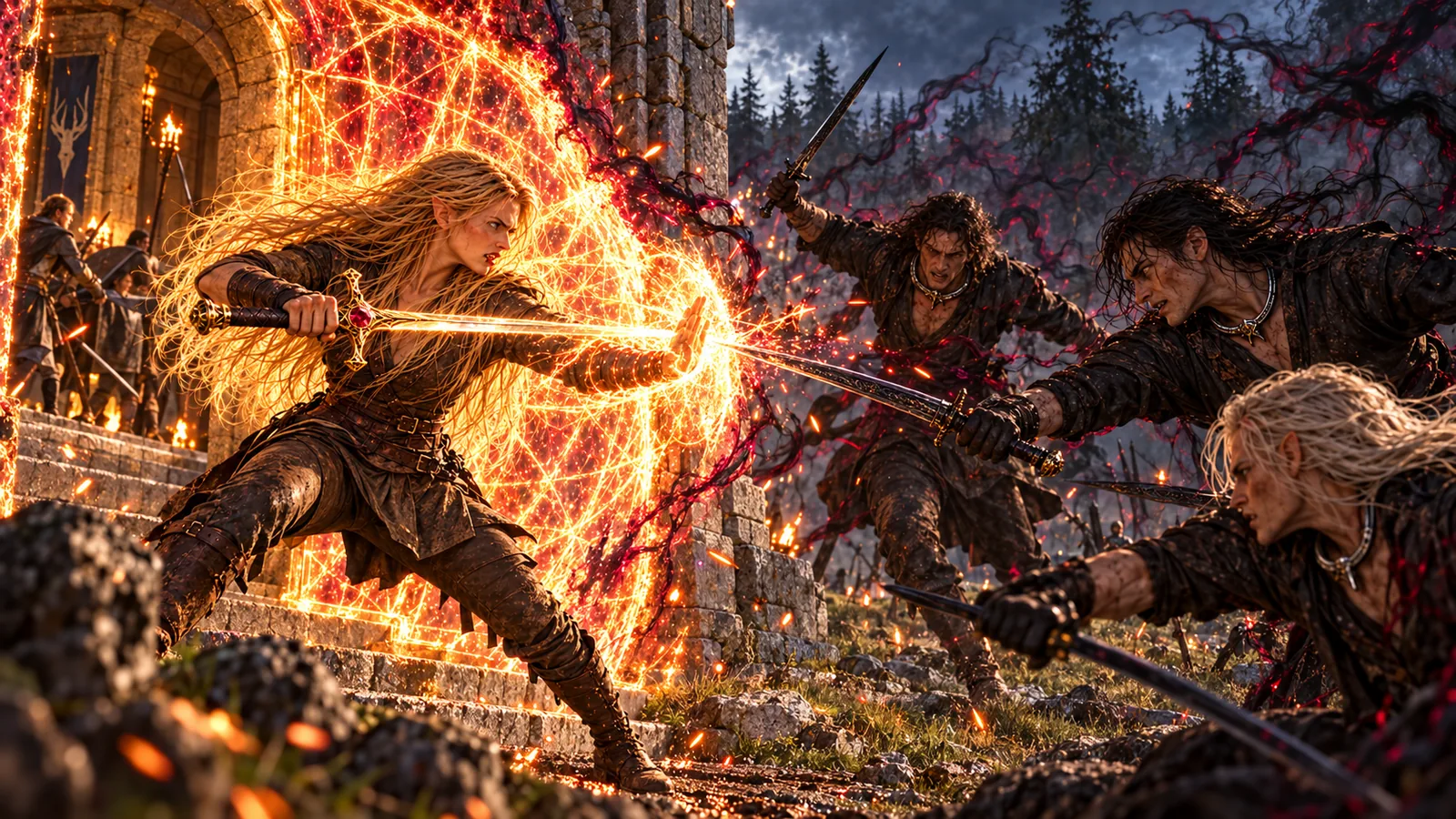 Aelin braces with a bright sword before a curved shield of fire at Mistward. Dark-clad attackers press towards her while a white-haired Rowan crouches beside her; the fortress rises behind them.