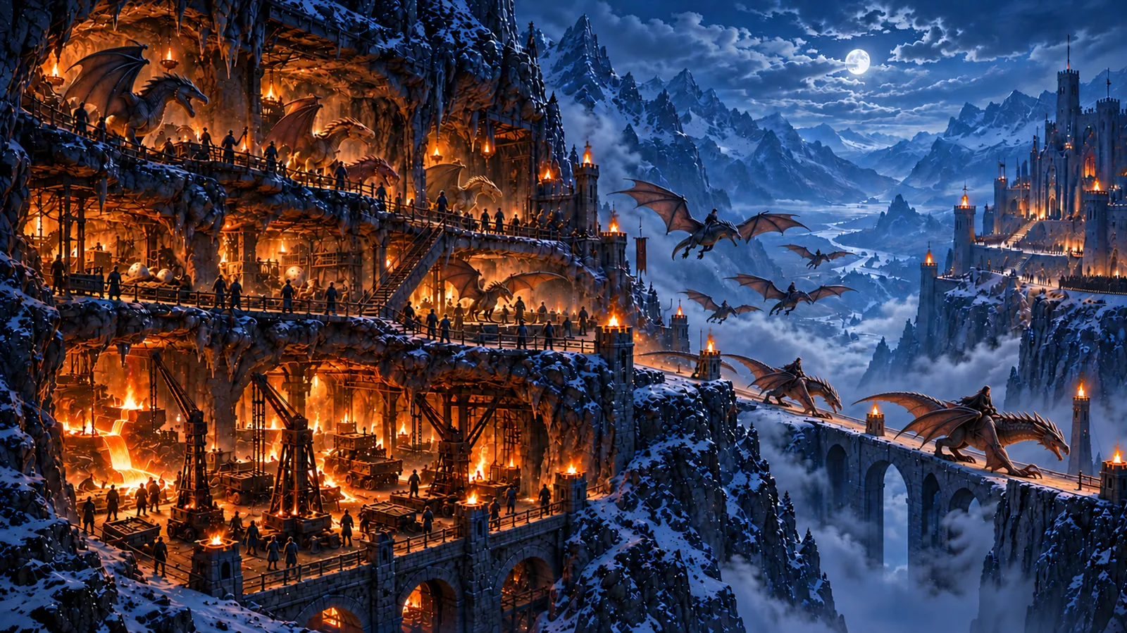 A mountain cutaway shows blazing forges below warm egg chambers and wyvern dens. Mounted witches cross a stone bridge while a formation of wyverns flies towards the distant fortress.