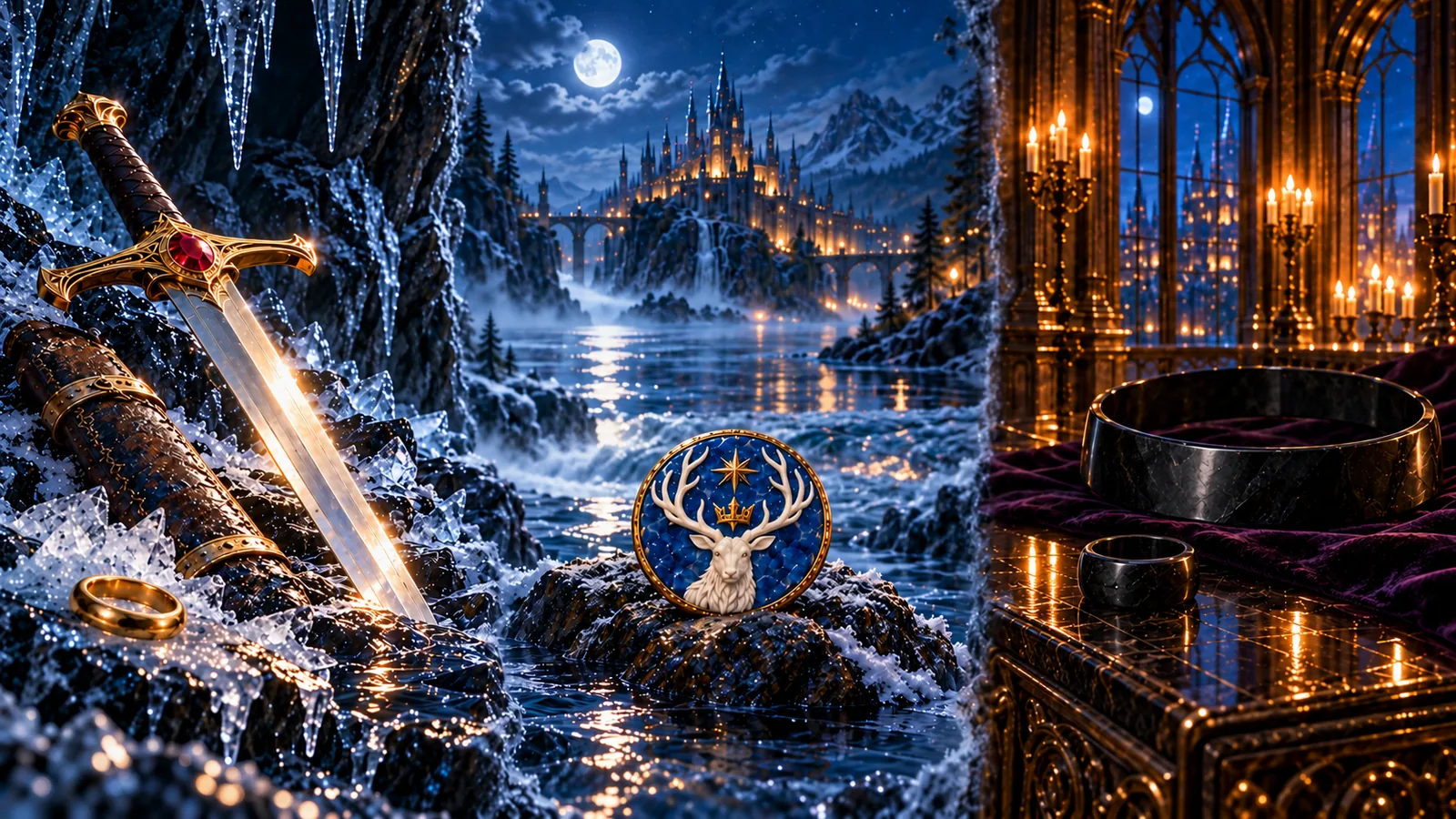 A symbolic arrangement links Goldryn and a plain gold ring in a rocky hollow, a blue stag amulet beside water, and a black ring and collar against a candlelit palace interior.