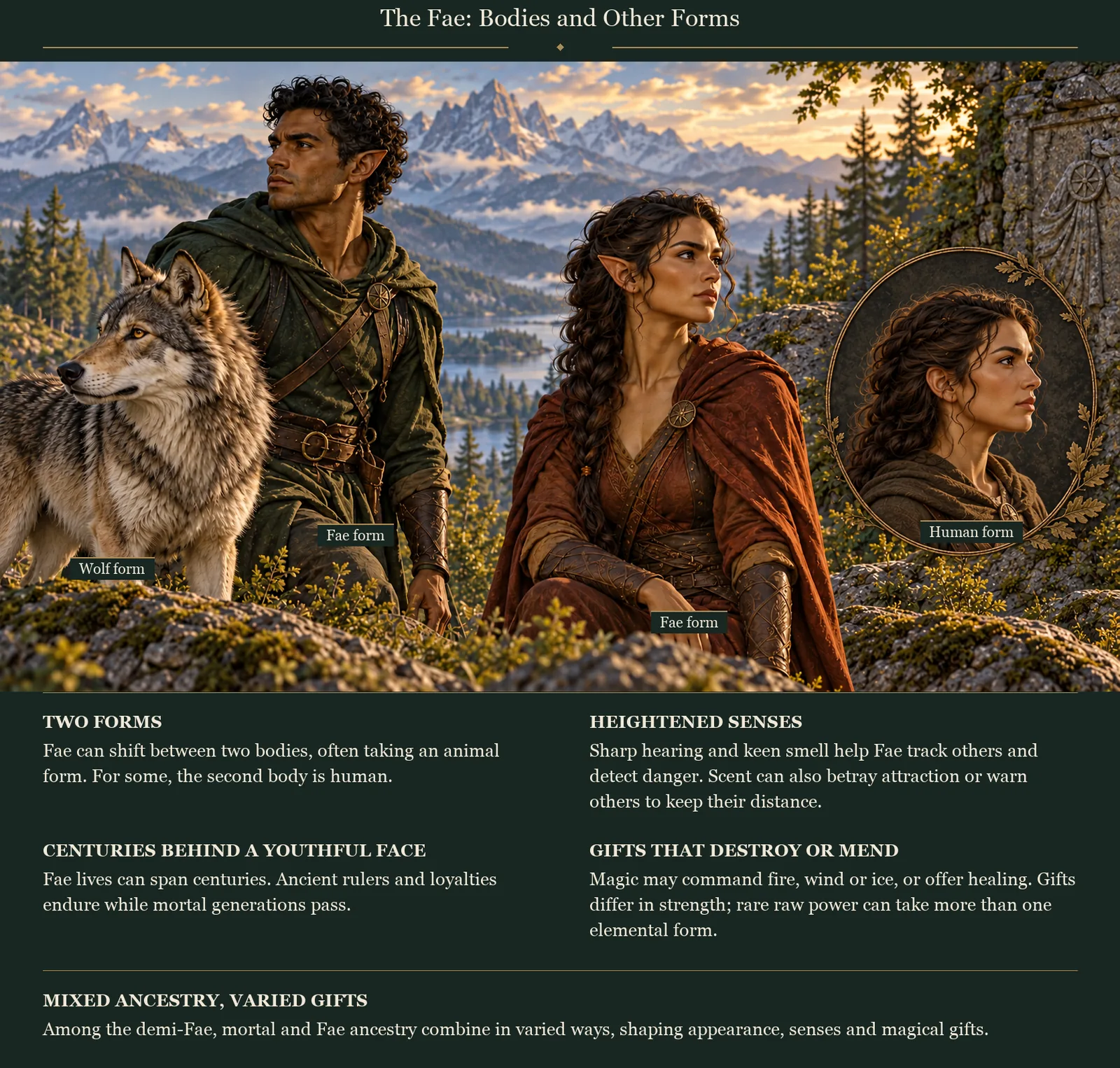 A labelled comparative plate pairs a dark-haired Fae man with a wolf, and a dark-haired Fae woman with a smaller human-form profile. Five notes below explain forms, senses, long lives, magical gifts and mixed ancestry.