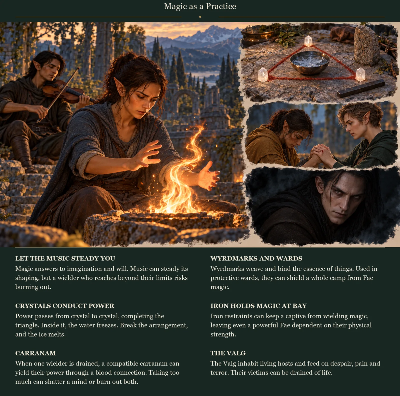 Four studies show controlled fire with a musician, crystals around a vessel of water beside a ward-stone and iron, a blood-linked exchange between wielders, and a shadowed host. Six explanations accompany the studies.